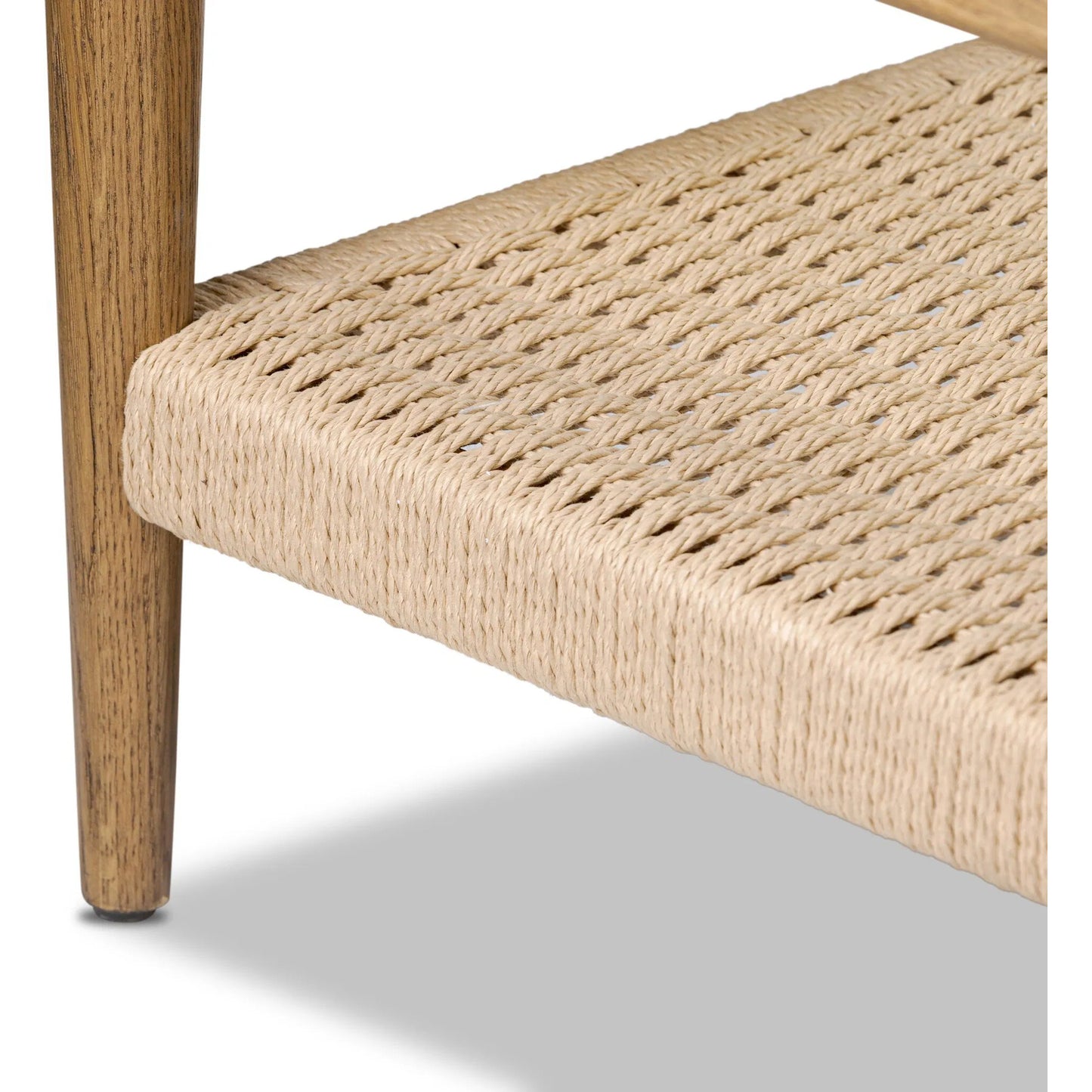008 SI-2446532 | Closeup | Carmelo Coffee Table by Four Hands in tempered glass, natural paper cord, medium brown oak. Made from tempered glass, rush, solid oak in a transitional style.