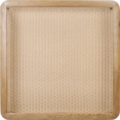 Carmelo Coffee Table by Four Hands in tempered glass, natural paper cord, medium brown oak. Made from tempered glass, rush, solid oak in a transitional style.