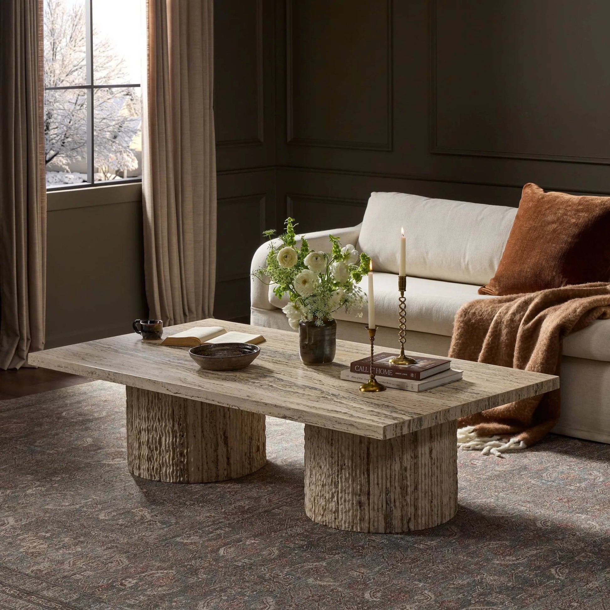 Angelo Coffee Table by Four Hands in white travertine, white tessellated travertine. Made from solid travertine in a transitional style.