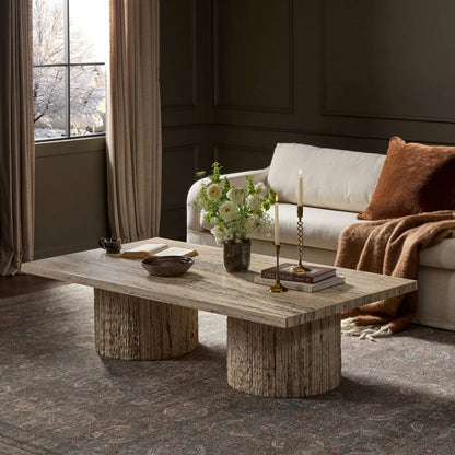 Angelo Coffee Table by Four Hands in white travertine, white tessellated travertine. Made from solid travertine in a transitional style.