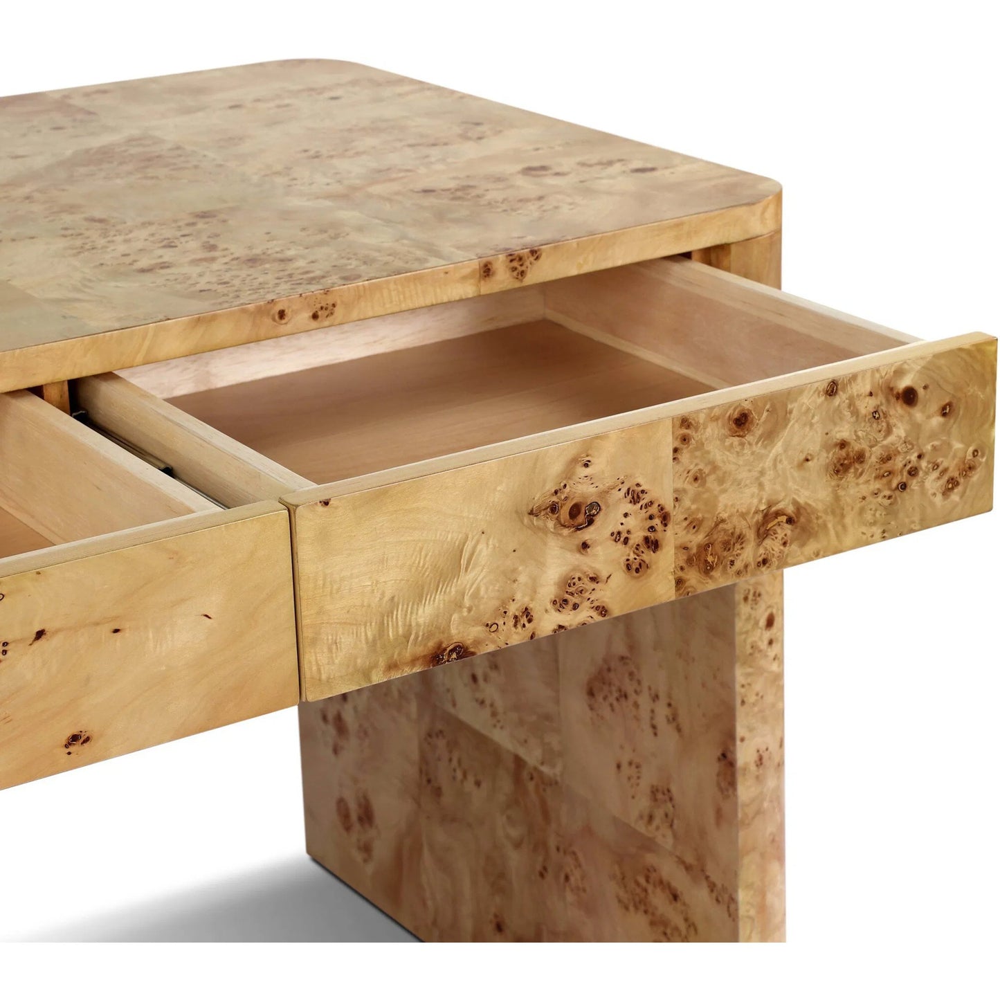 005 SI-2446612 | Closeup | Mullins Desk by Four Hands in natural mappa burl. Made from poplar burl veneer in a modern style.