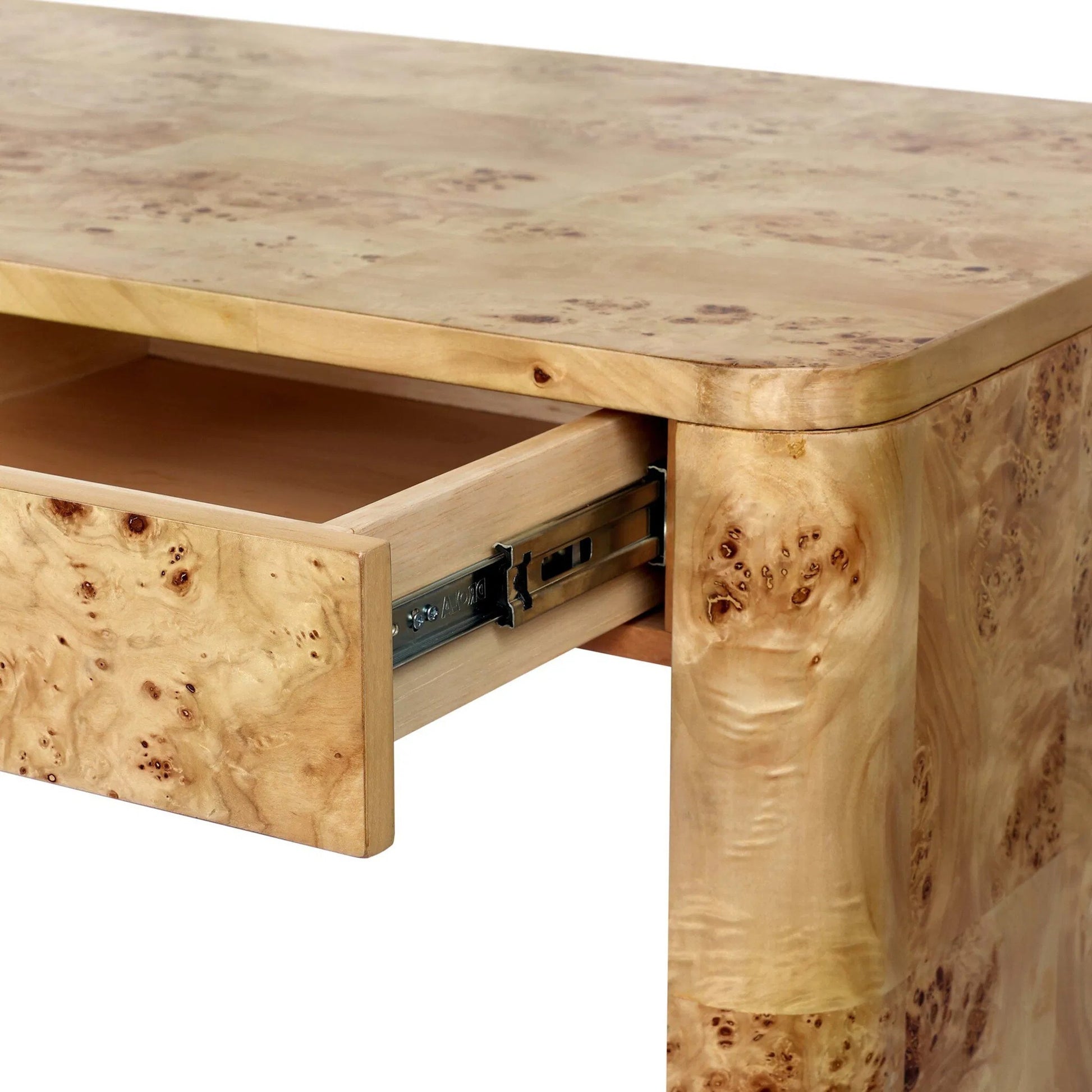 Mullins Desk by Four Hands in natural mappa burl. Made from poplar burl veneer in a modern style.