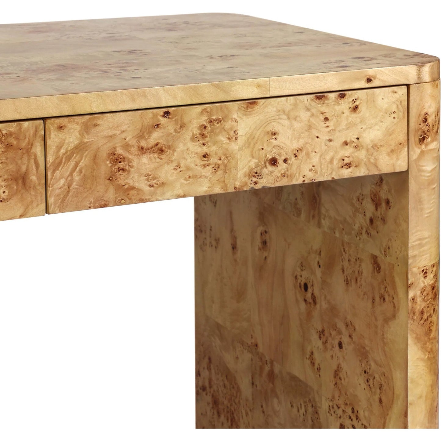 010 SI-2446612 | Closeup | Mullins Desk by Four Hands in natural mappa burl. Made from poplar burl veneer in a modern style.