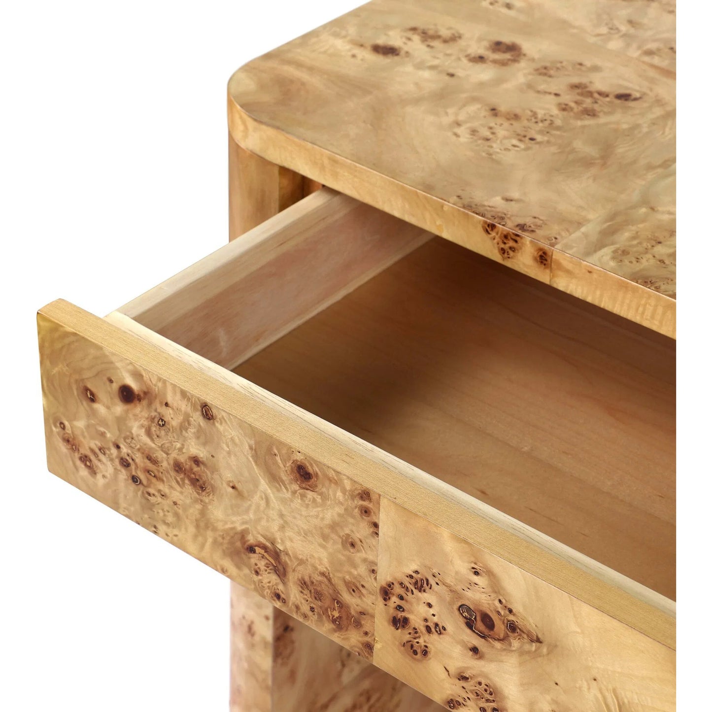 011 SI-2446612 | Closeup | Mullins Desk by Four Hands in natural mappa burl. Made from poplar burl veneer in a modern style.