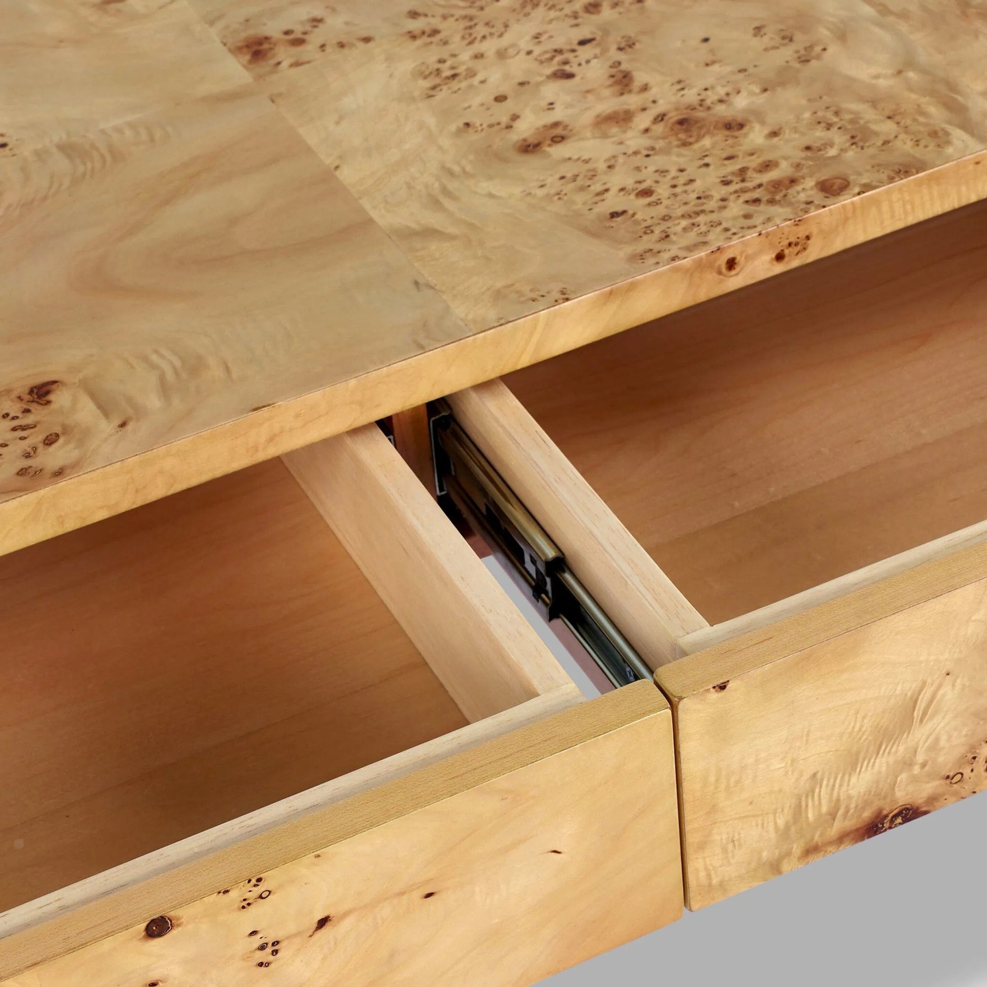 Mullins Desk by Four Hands in natural mappa burl. Made from poplar burl veneer in a modern style.