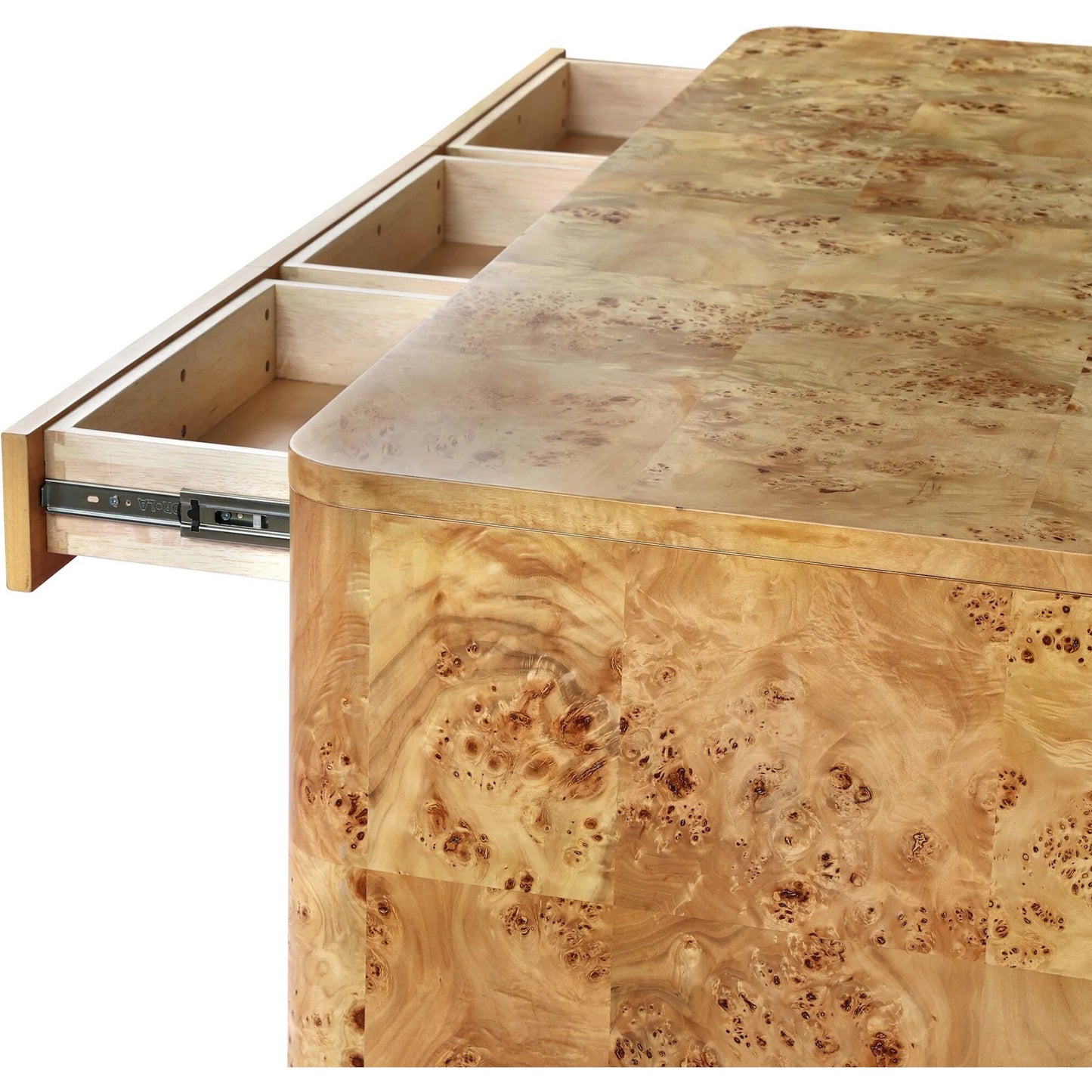 013 SI-2446612 | Closeup | Mullins Desk by Four Hands in natural mappa burl. Made from poplar burl veneer in a modern style.