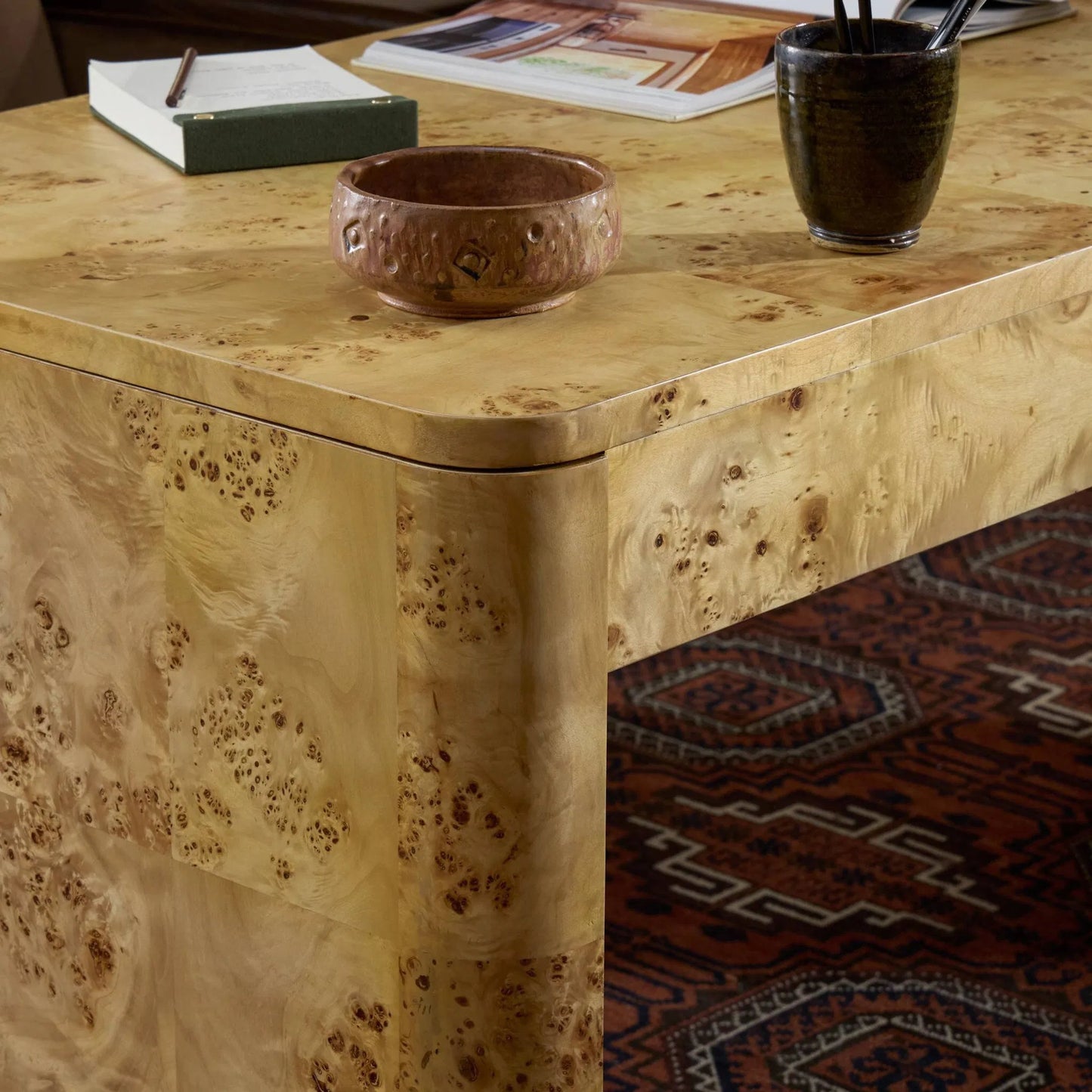 014 SI-2446612 | Closeup | Mullins Desk by Four Hands in natural mappa burl. Made from poplar burl veneer in a modern style.