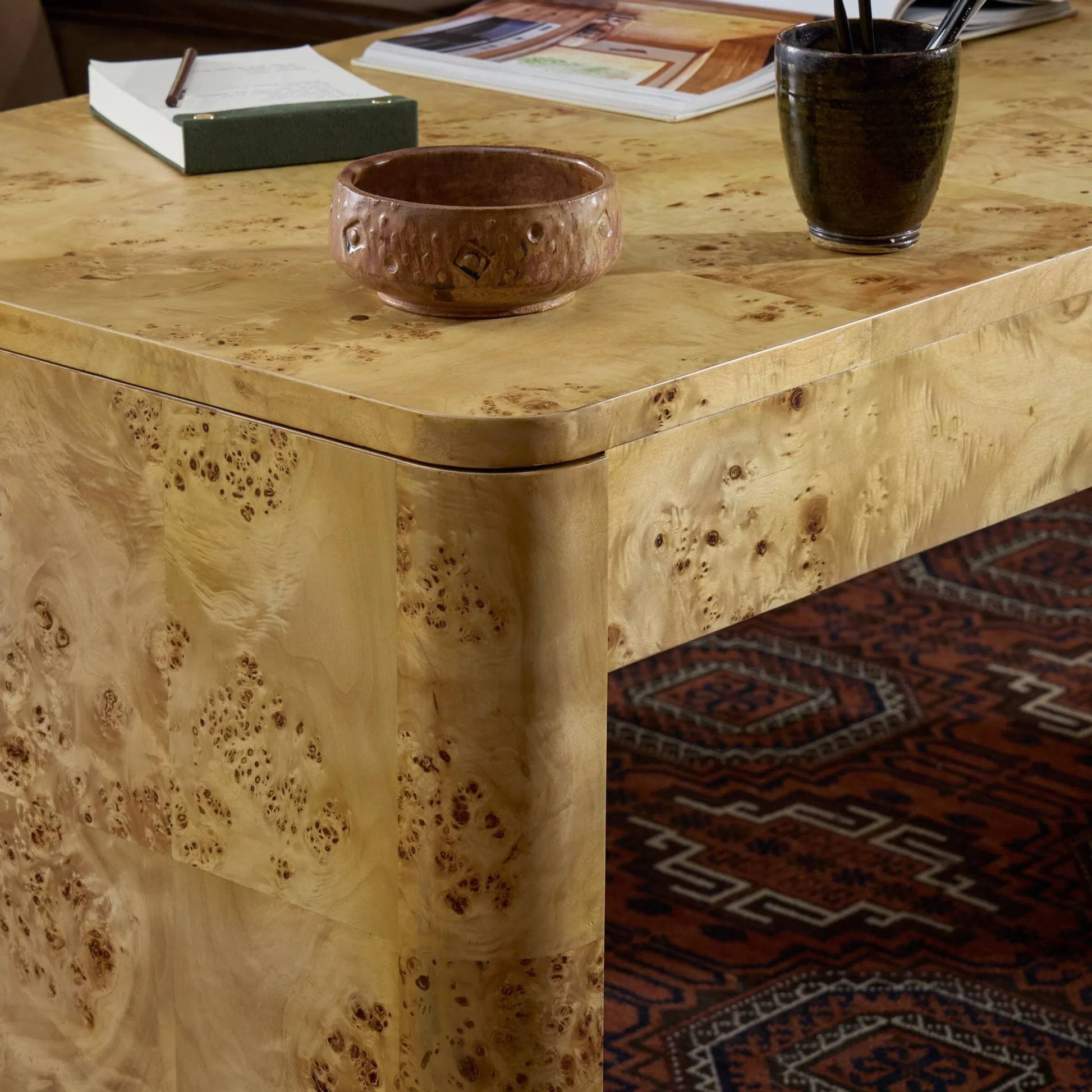 Mullins Desk by Four Hands in natural mappa burl. Made from poplar burl veneer in a modern style.
