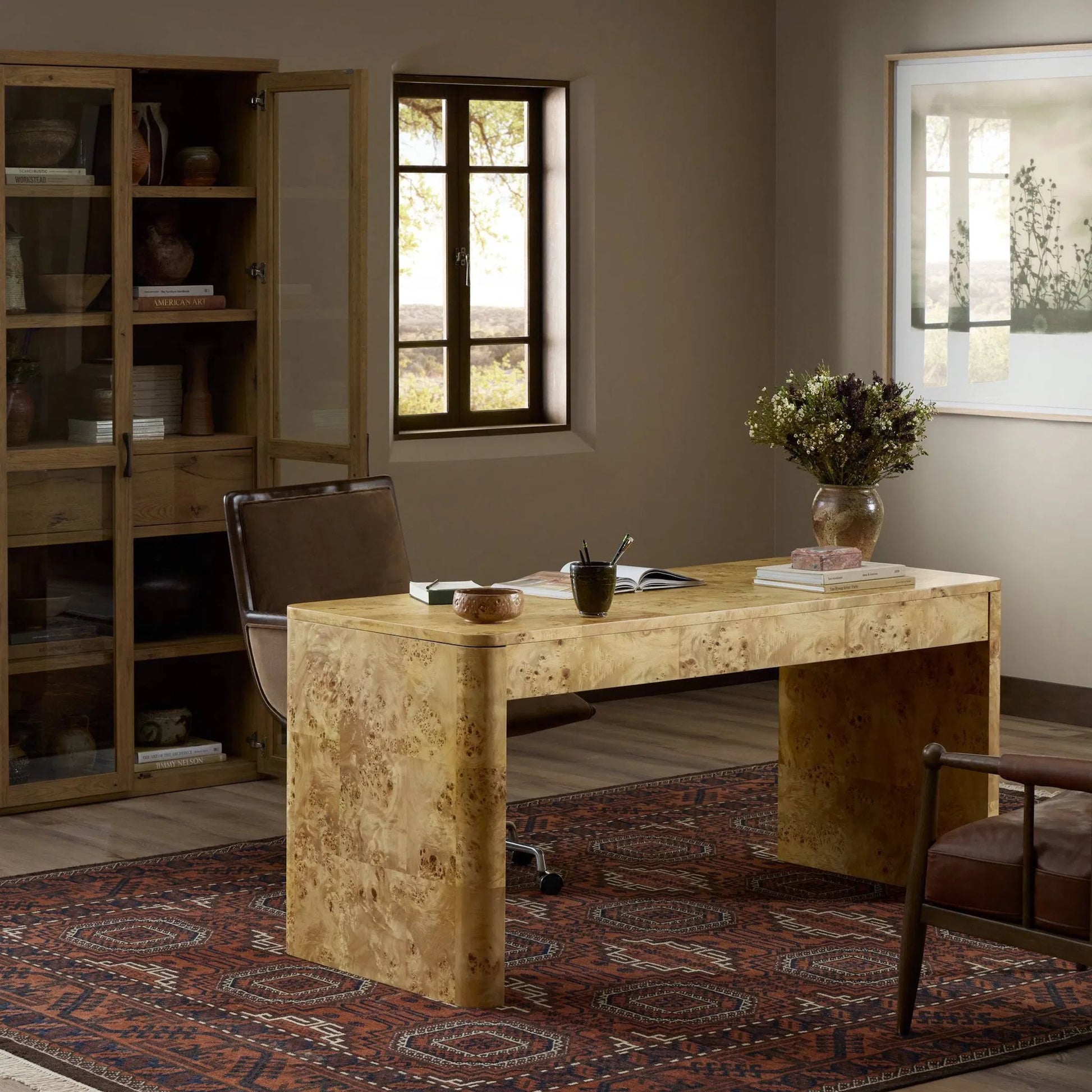 Mullins Desk by Four Hands in natural mappa burl. Made from poplar burl veneer in a modern style.