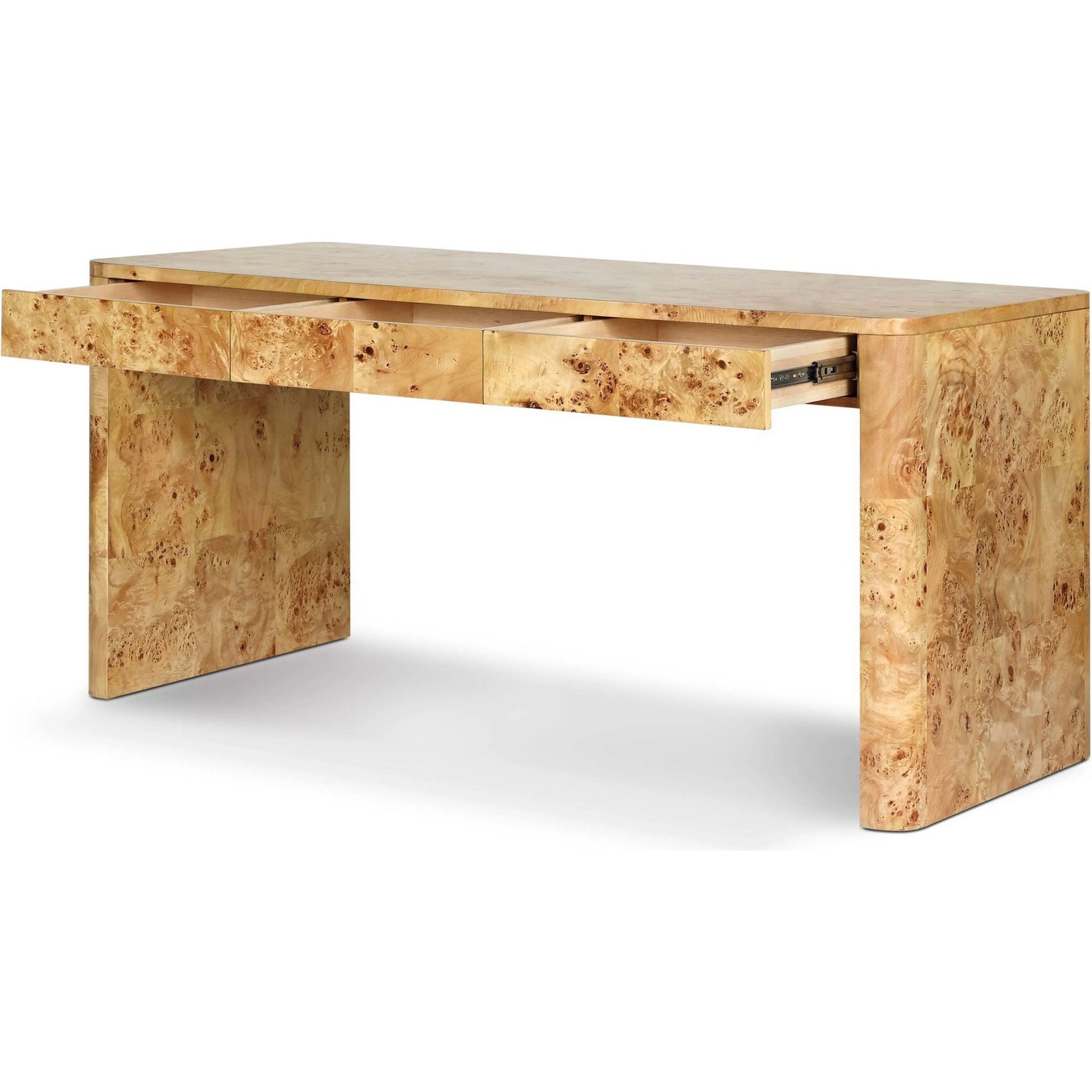 Mullins Desk by Four Hands in natural mappa burl. Made from poplar burl veneer in a modern style.
