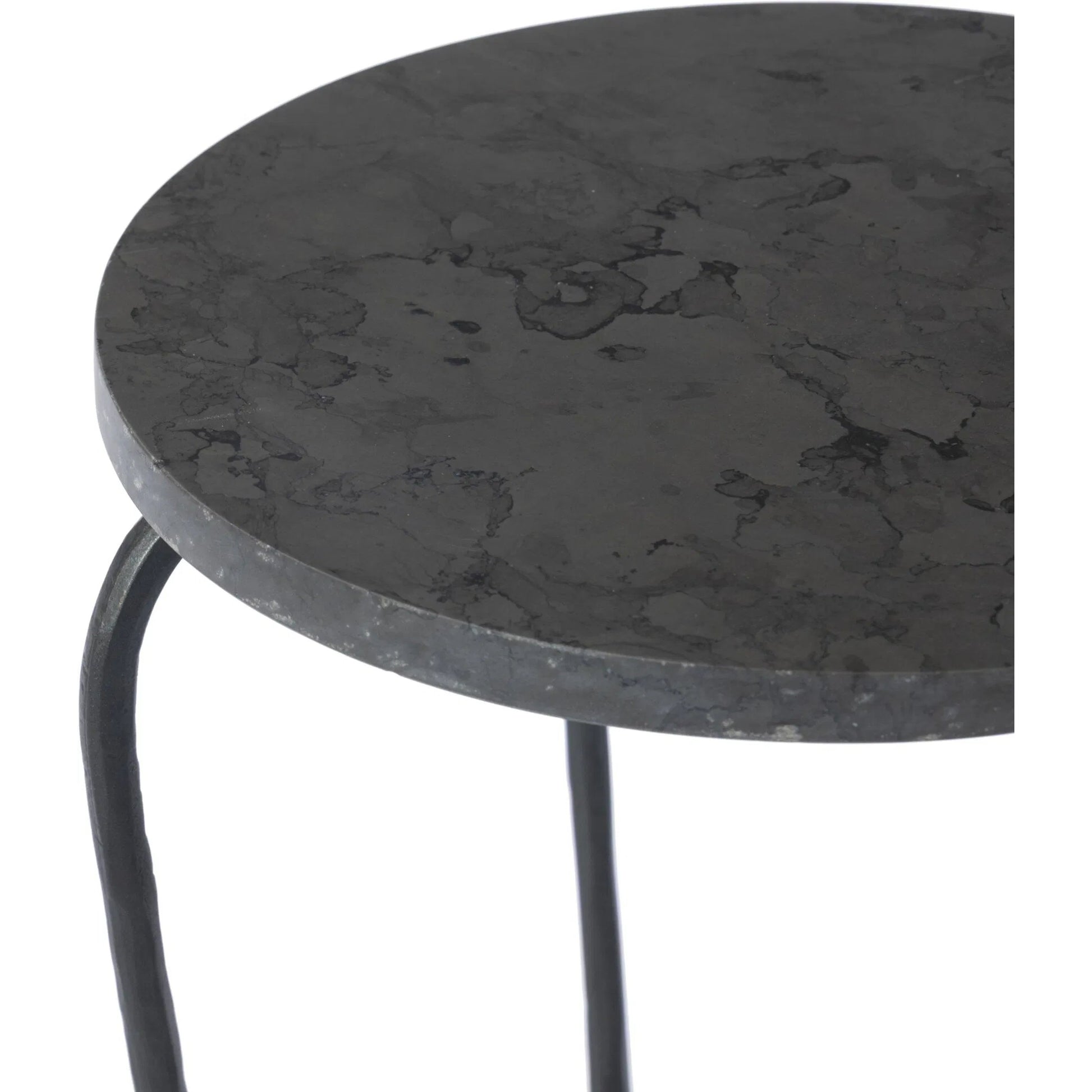 Nina End Table by Four Hands in grey italian marble, hammered gunmetal. Made from solid marble, iron in a unique style.