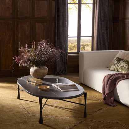 Rayna Coffee Table by Four Hands in grey italian marble, rubbed bronze. Made from solid marble, iron in a unique style.