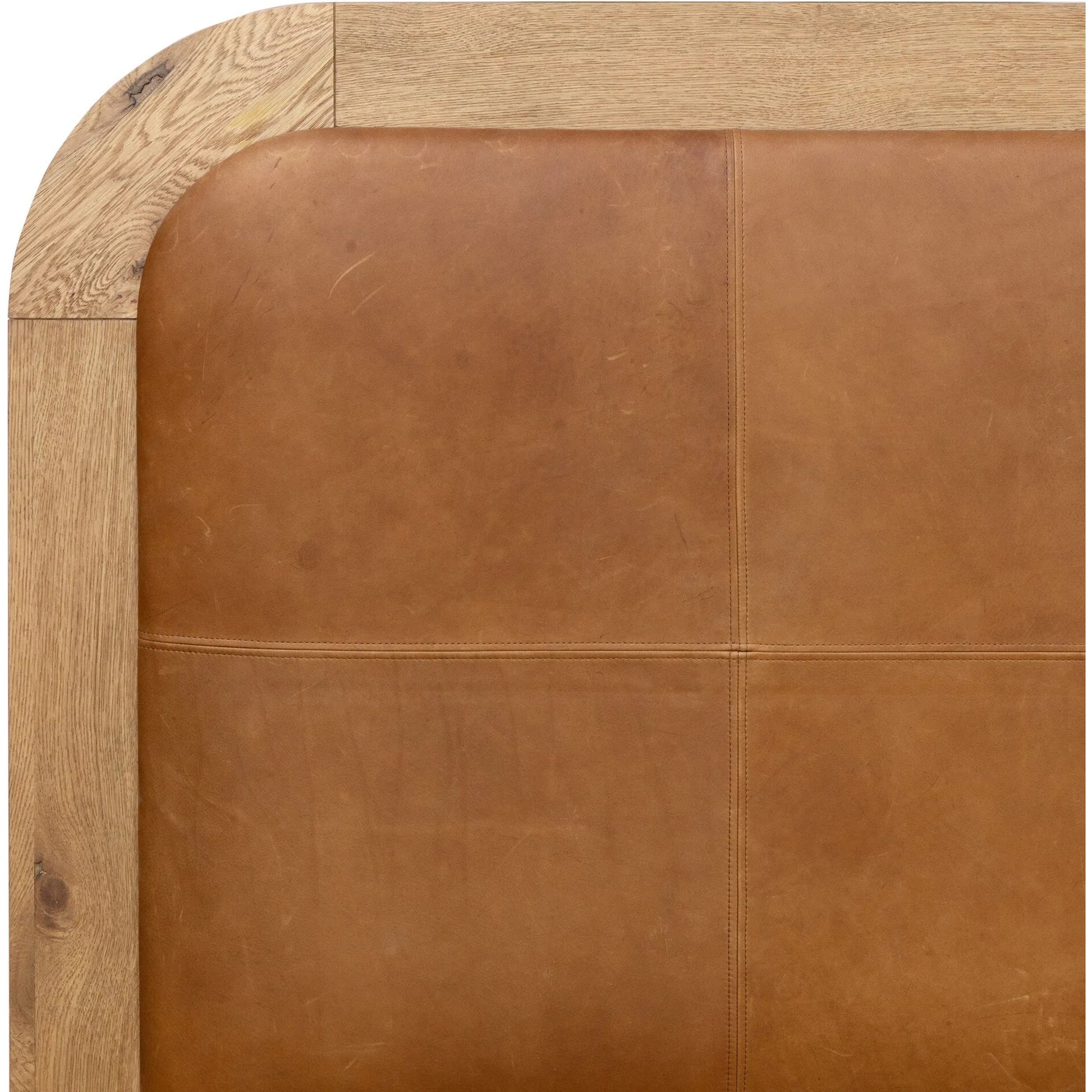 Rane Bed by Four Hands in heirloom sienna, honey brown oak veneer, honey brown oak. Made from top grain leather, thick oak veneer, solid oak in a transitional style.