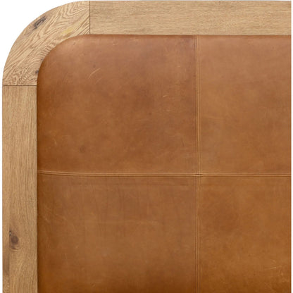 Rane Bed by Four Hands in heirloom sienna, honey brown oak veneer, honey brown oak. Made from top grain leather, thick oak veneer, solid oak in a transitional style.