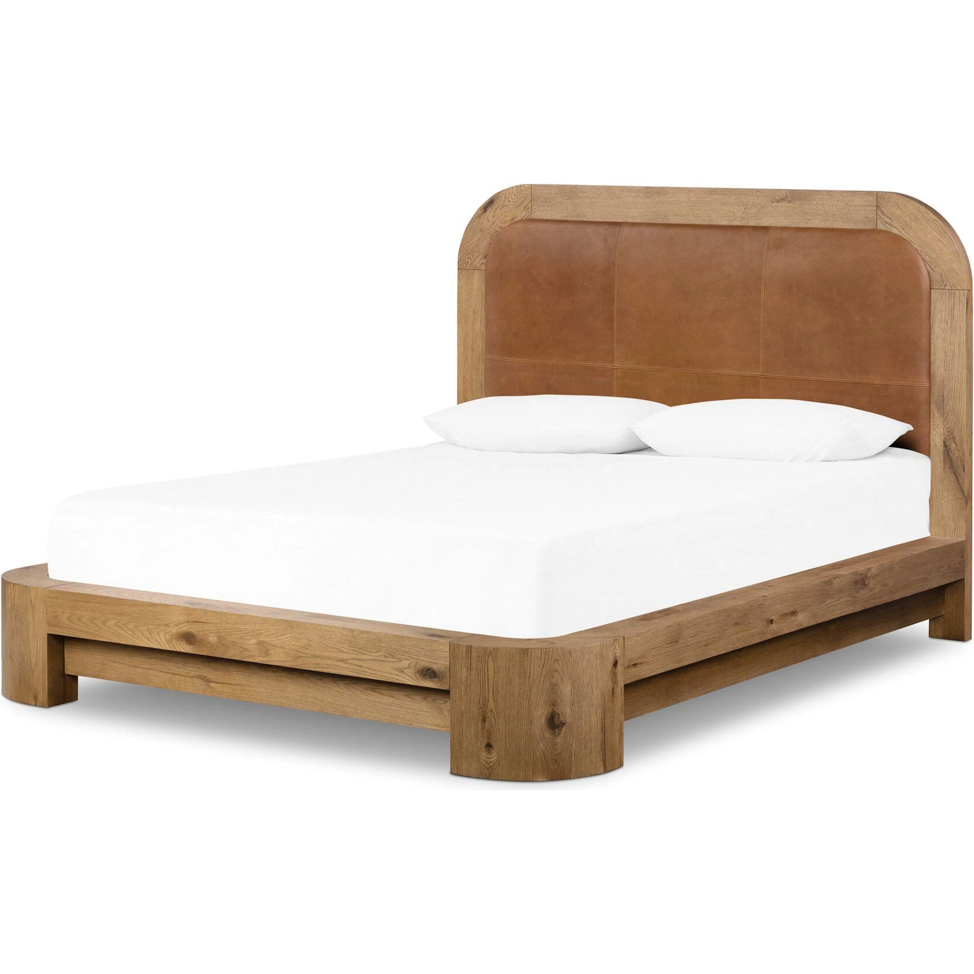 Rane Bed by Four Hands in heirloom sienna, honey brown oak veneer, honey brown oak. Made from top grain leather, thick oak veneer, solid oak in a transitional style.