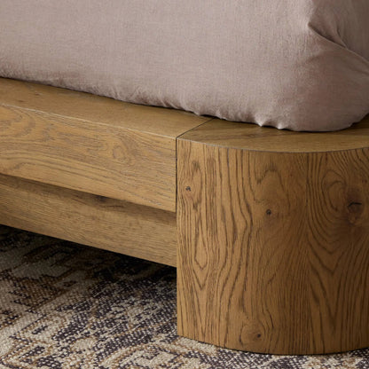 Rane Bed by Four Hands in heirloom sienna, honey brown oak veneer, honey brown oak. Made from top grain leather, thick oak veneer, solid oak in a transitional style.
