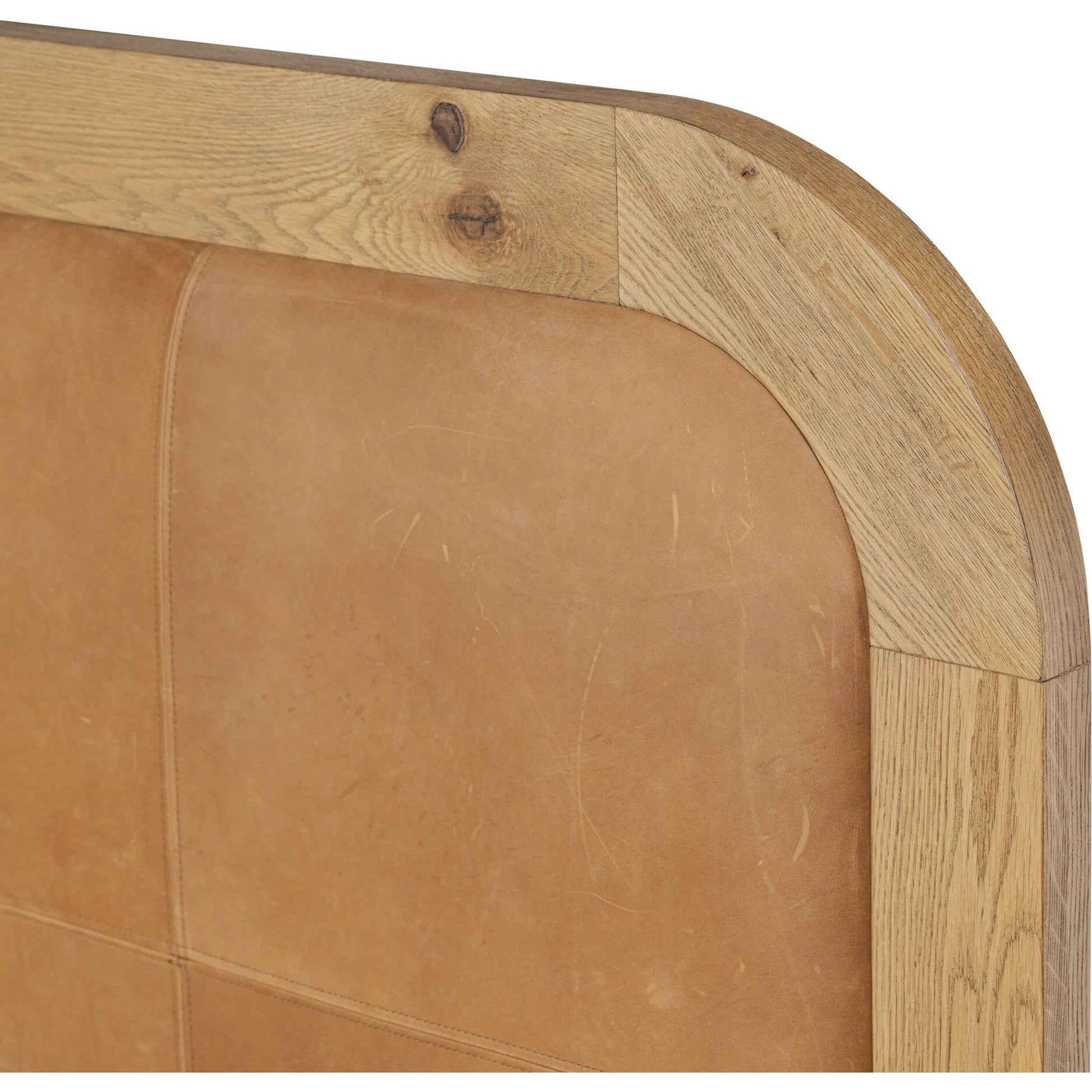 Rane Bed by Four Hands in heirloom sienna, honey brown oak veneer, honey brown oak. Made from top grain leather, thick oak veneer, solid oak in a transitional style.