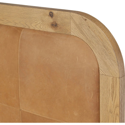 Rane Bed by Four Hands in heirloom sienna, honey brown oak veneer, honey brown oak. Made from top grain leather, thick oak veneer, solid oak in a transitional style.