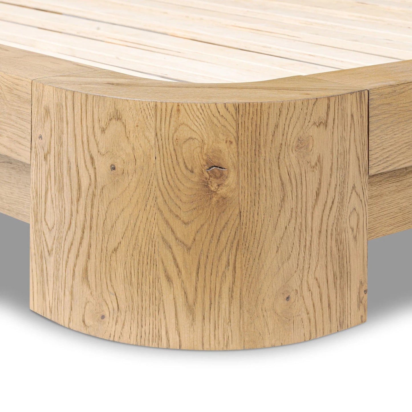 011 SI-2446644,SI-2446645 | Closeup | Rane Bed by Four Hands in heirloom sienna, honey brown oak veneer, honey brown oak. Made from top grain leather, thick oak veneer, solid oak in a transitional style.