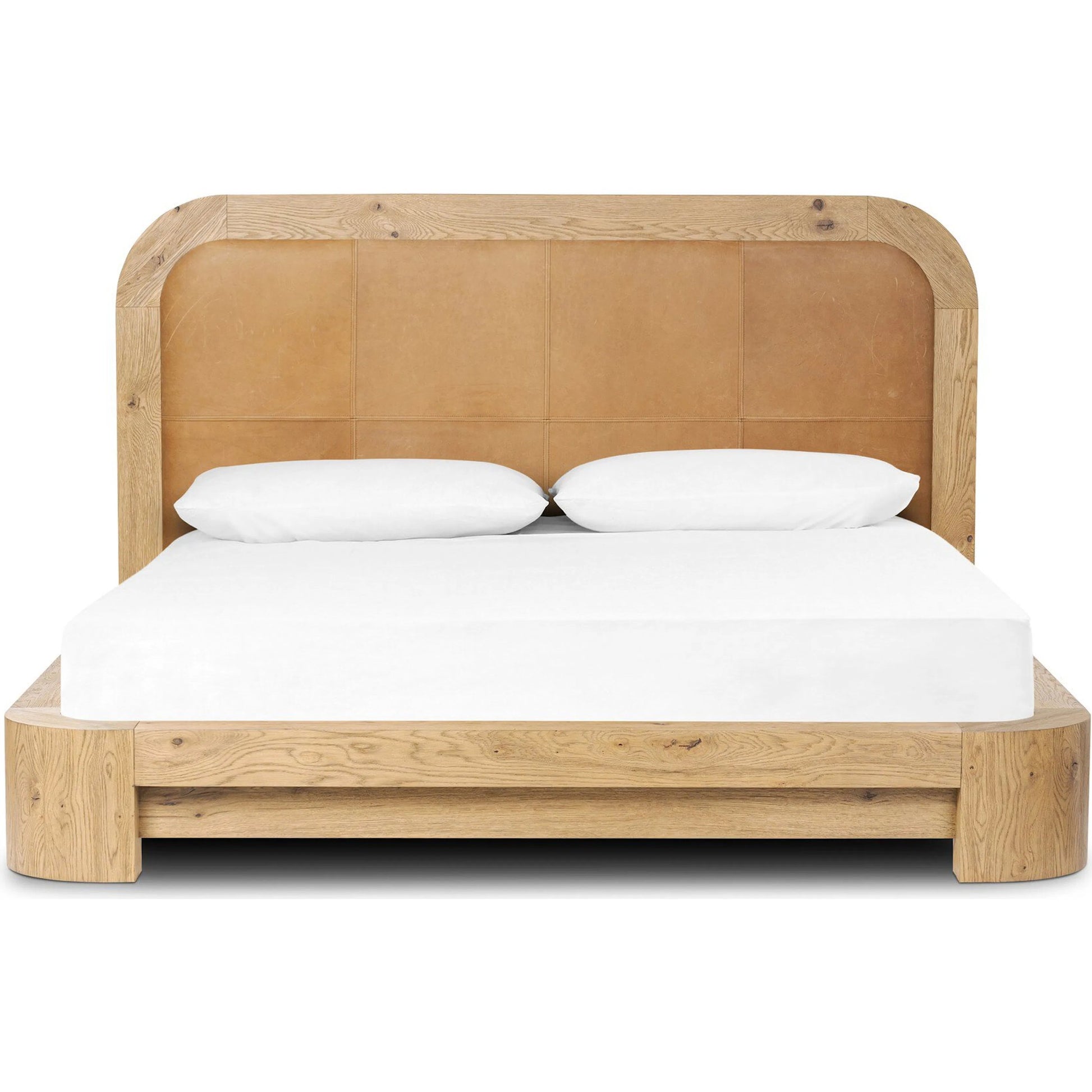 Rane Bed by Four Hands in heirloom sienna, honey brown oak veneer, honey brown oak. Made from top grain leather, thick oak veneer, solid oak in a transitional style.
