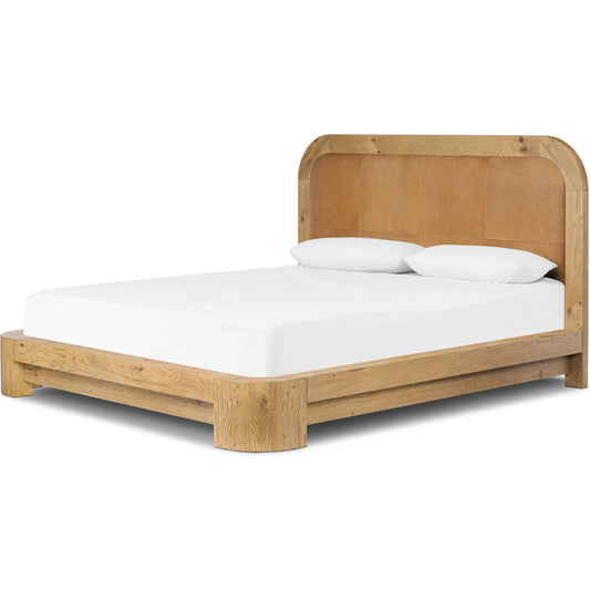 Rane Bed by Four Hands in heirloom sienna, honey brown oak veneer, honey brown oak. Made from top grain leather, thick oak veneer, solid oak in a unique style.