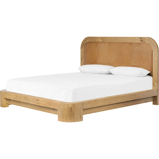 Rane Bed by Four Hands in heirloom sienna, honey brown oak veneer, honey brown oak. Made from top grain leather, thick oak veneer, solid oak in a transitional style.