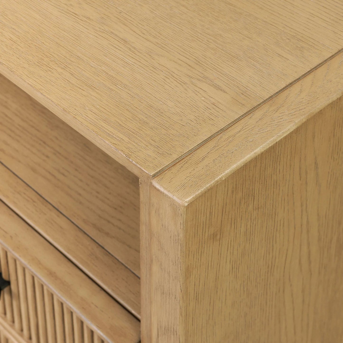 009 SI-2531632 | Closeup | Hazel Nightstand by Four Hands in light wash oak veneer. Made from thick oak veneer, solid oak in a unique style.
