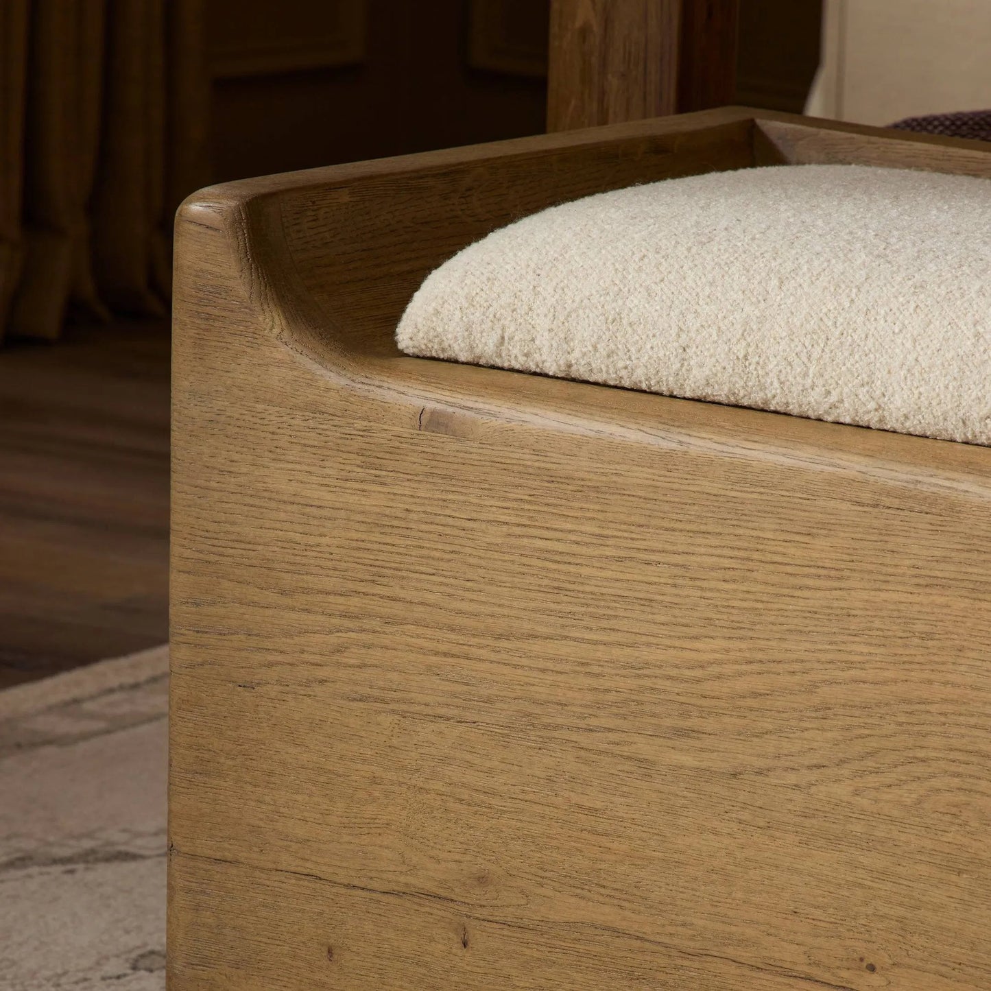 014 SI-2446519 | Closeup | Balon Trunk by Four Hands in charter oatmeal, drifted oak thick veneer. Made from 69% polyester, 23% acrylic, 8% flax/linen, thick oak veneer in a transitional style.