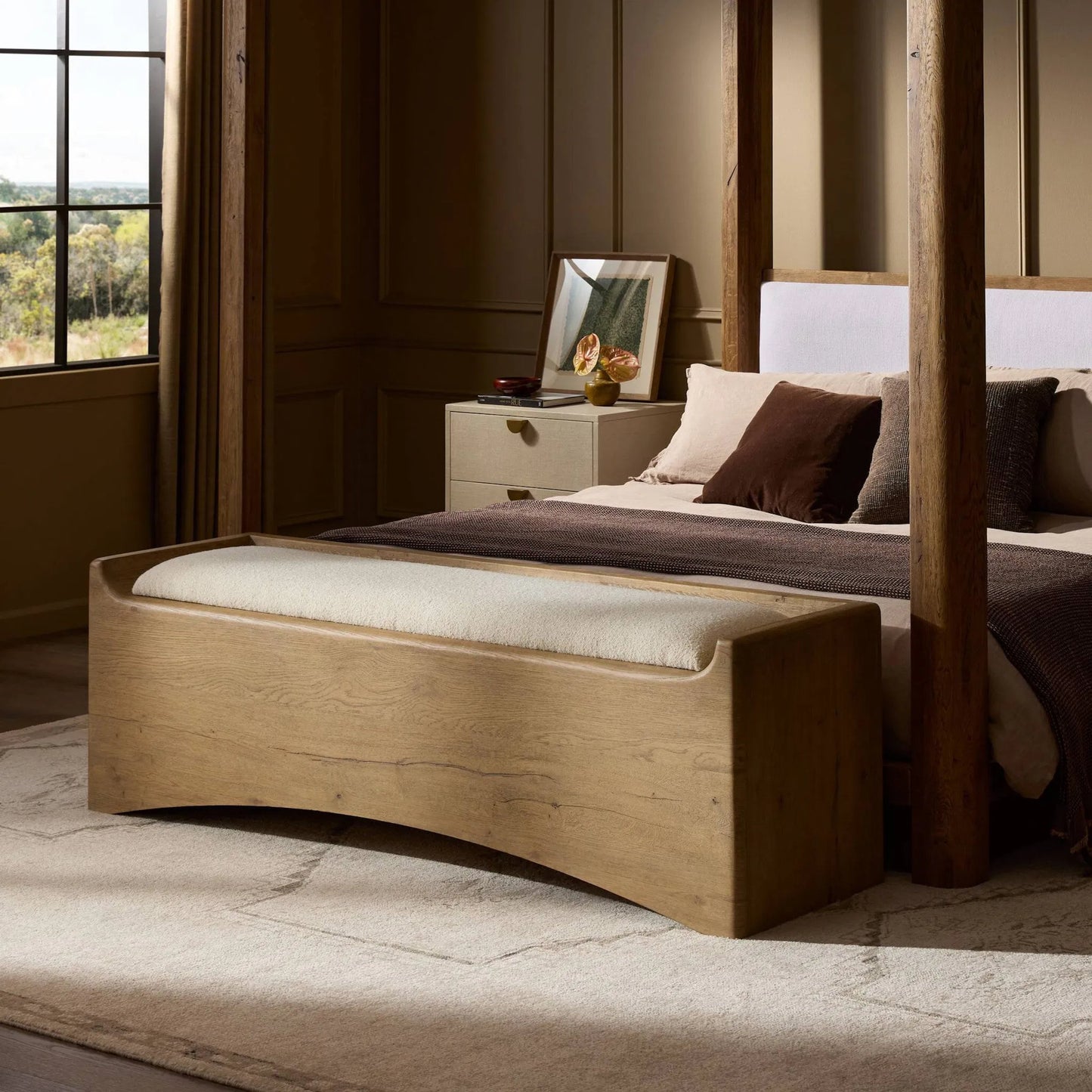 015 SI-2446519 | Lifestyle | Balon Trunk by Four Hands in charter oatmeal, drifted oak thick veneer. Made from 69% polyester, 23% acrylic, 8% flax/linen, thick oak veneer in a transitional style.