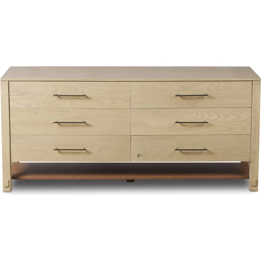 Blake 6 Drawer Dresser by Four Hands in washed ash, brown regenerated leather. Made from solid ash, faux leather in a transitional style.