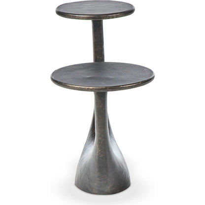 Torrid End Table by Four Hands in distressed bronze. Made from aluminum in a unique style.