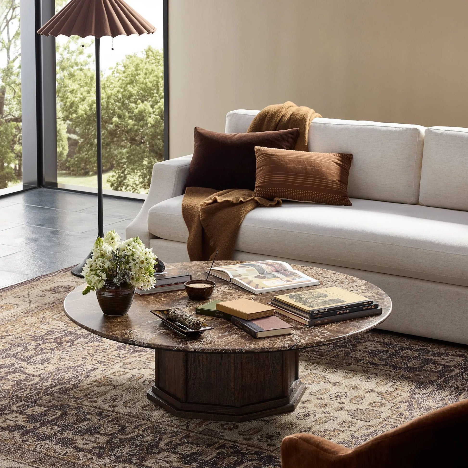 Pavlo Coffee Table by Four Hands in brown marble, dark brown acacia. Made from solid marble, solid acacia in a modern style.