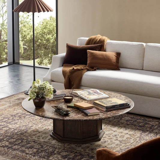 Pavlo Coffee Table by Four Hands in brown marble, dark brown acacia. Made from solid marble, solid acacia in a unique style.