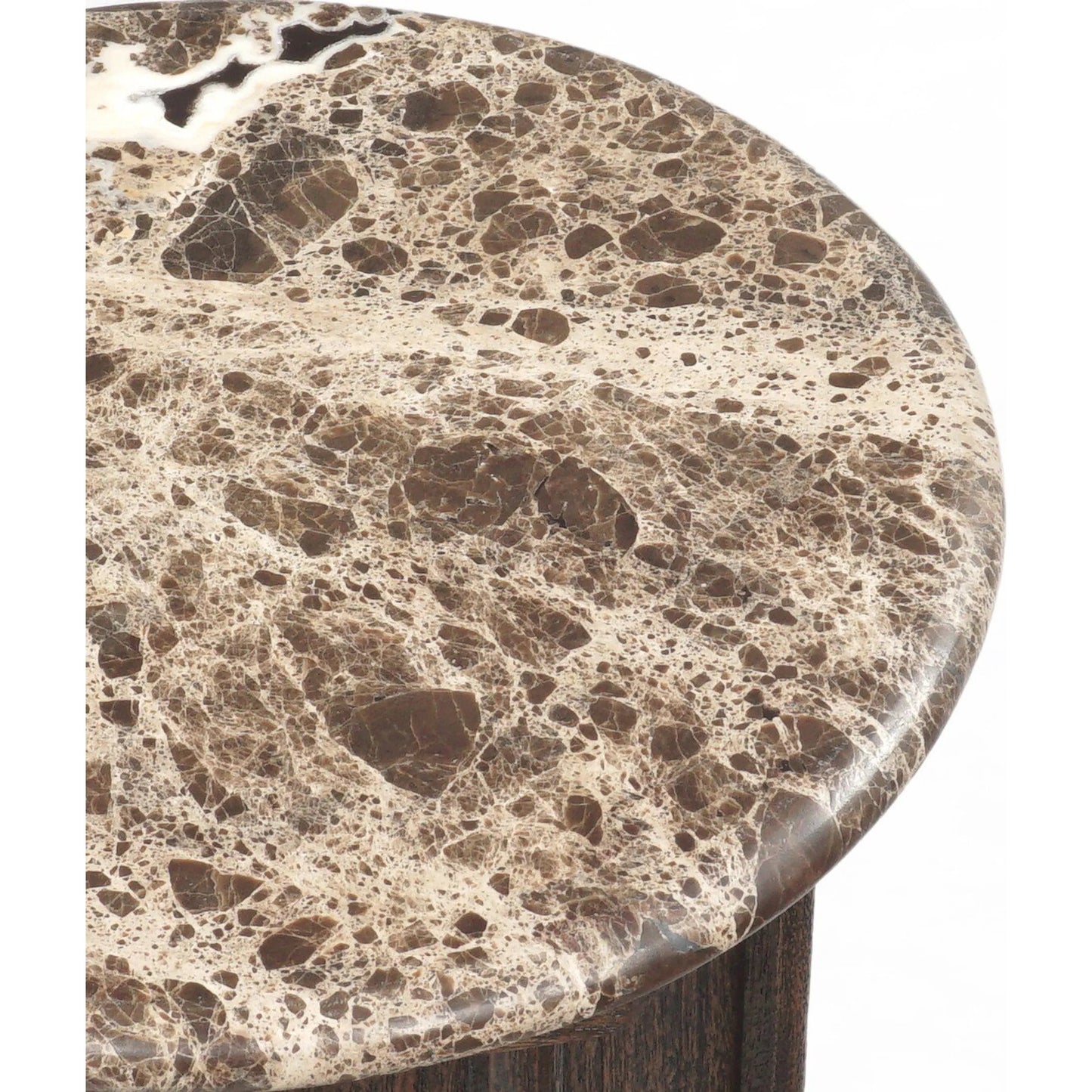 005 SI-2446632 | Closeup | Pavlo End Table by Four Hands in brown marble, dark brown acacia. Made from solid marble, solid acacia in a modern style.