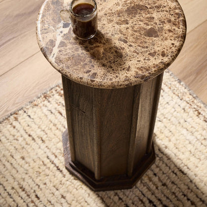 Pavlo End Table by Four Hands in brown marble, dark brown acacia. Made from solid marble, solid acacia in a modern style.