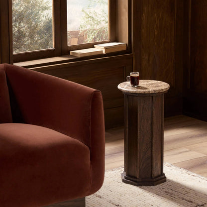 Pavlo End Table by Four Hands in brown marble, dark brown acacia. Made from solid marble, solid acacia in a modern style.