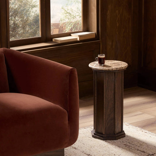 Pavlo End Table by Four Hands in brown marble, dark brown acacia. Made from solid marble, solid acacia in a unique style.