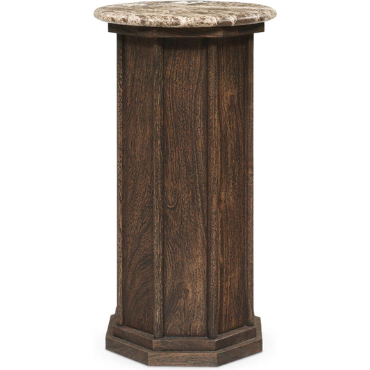 Pavlo End Table by Four Hands in brown marble, dark brown acacia. Made from solid marble, solid acacia in a unique style.