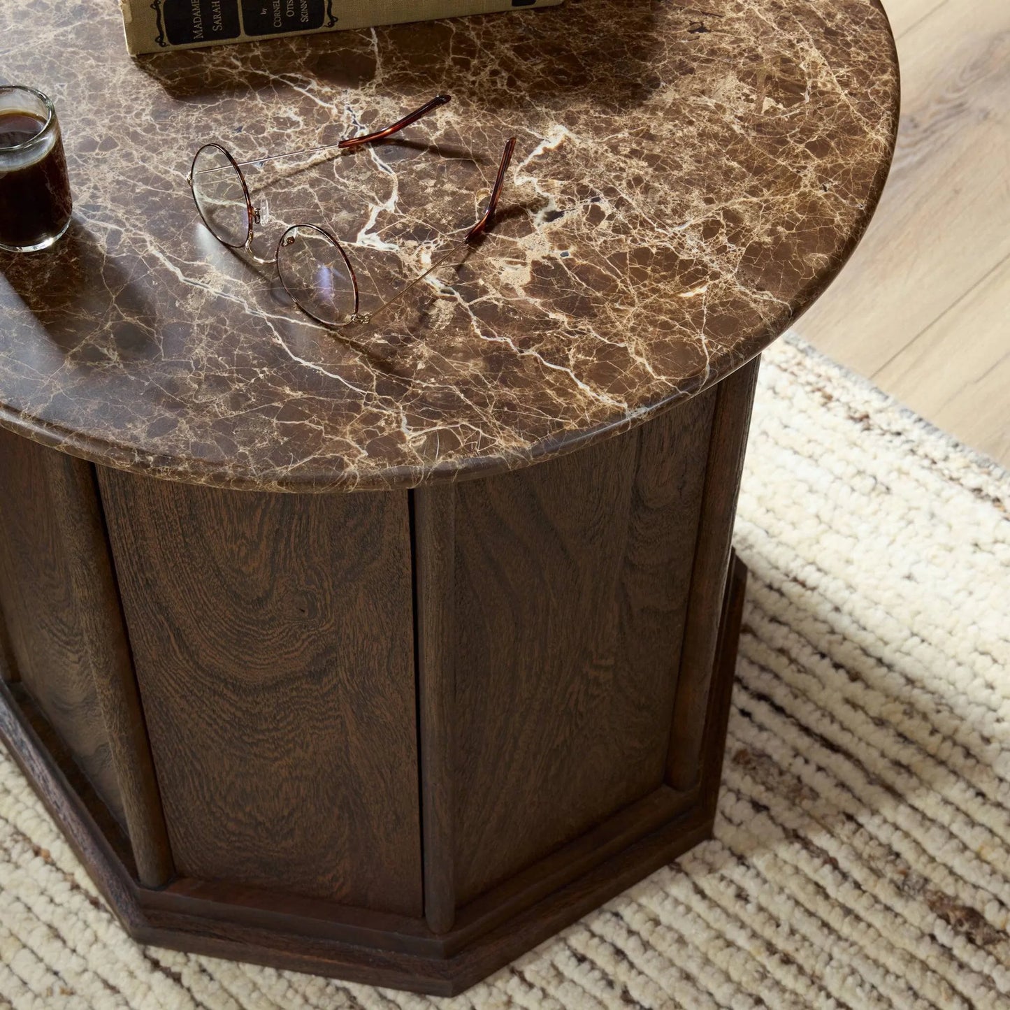 008 SI-2535277 | Closeup | Pavlo Cabinet End Table by Four Hands in brown marble, dark brown acacia. Made from solid marble, solid acacia in a unique style.