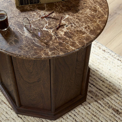 Pavlo Cabinet End Table by Four Hands in brown marble, dark brown acacia. Made from solid marble, solid acacia in a unique style.