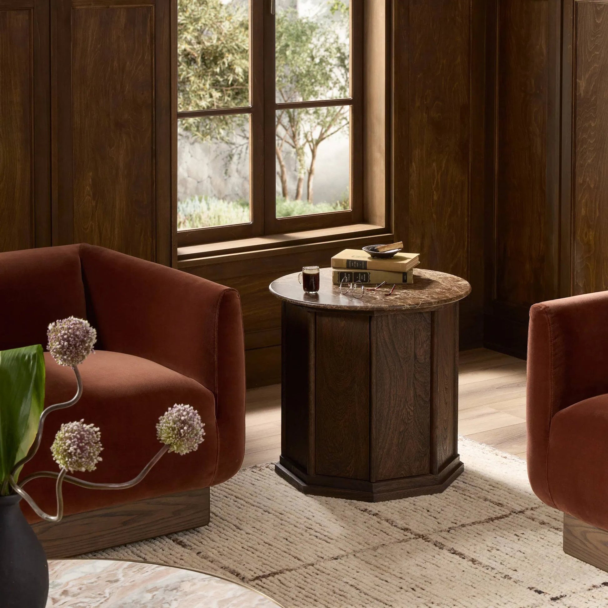 Pavlo Cabinet End Table by Four Hands in brown marble, dark brown acacia. Made from solid marble, solid acacia in a unique style.