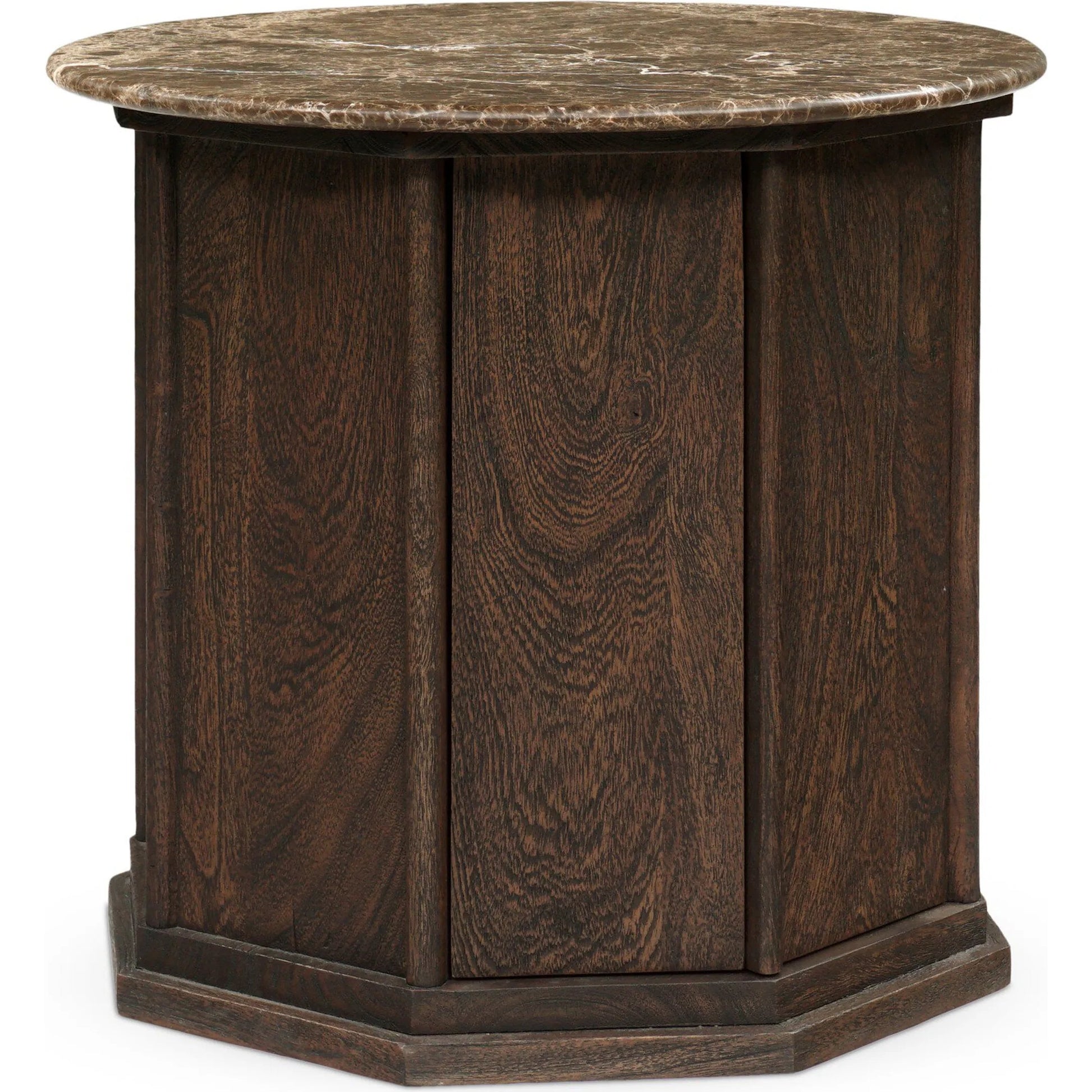 Pavlo Cabinet End Table by Four Hands in brown marble, dark brown acacia. Made from solid marble, solid acacia in a unique style.