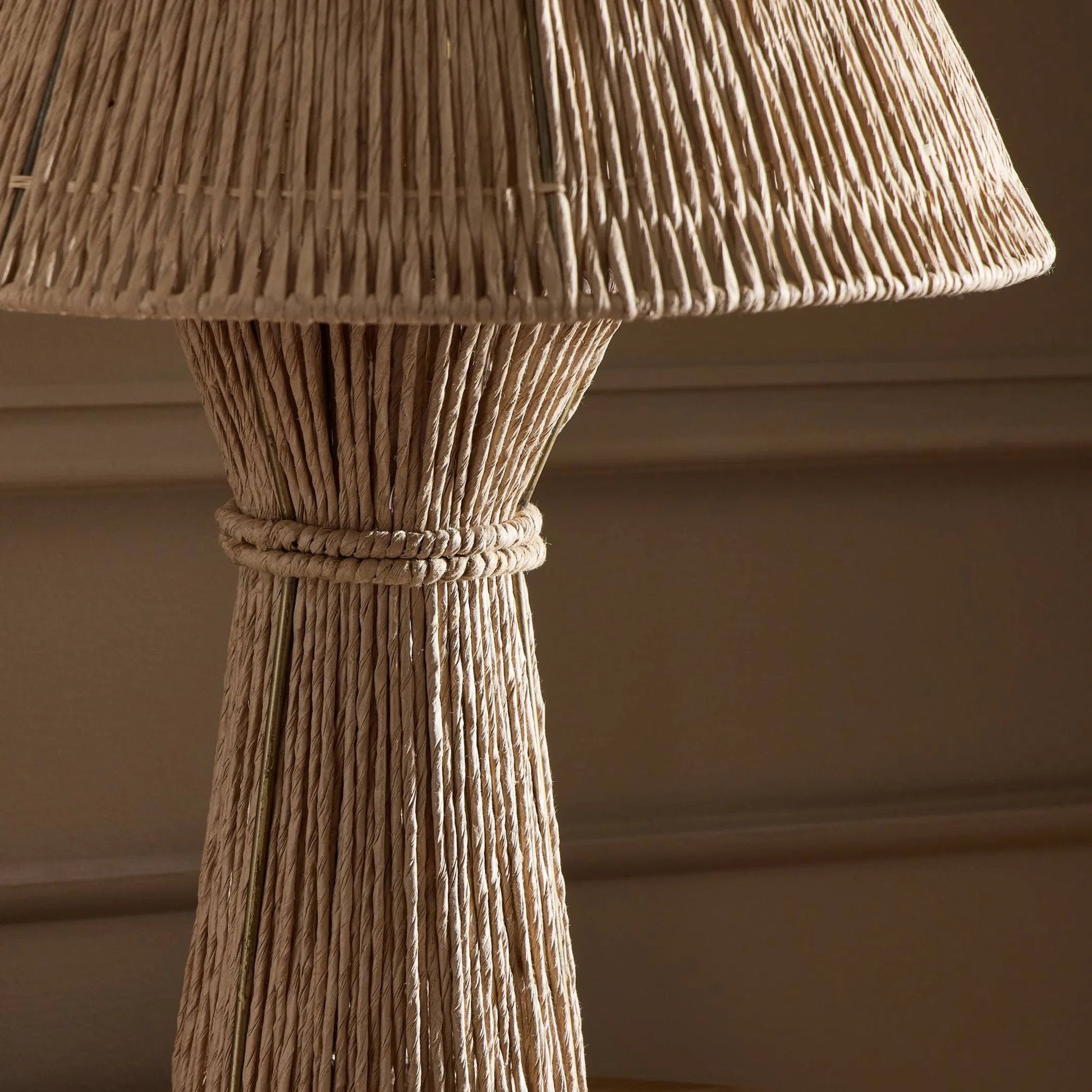 Nessa Table Lamp by Four Hands in antique brass iron, natural paper cord. Made from iron, rush in a rustic style.