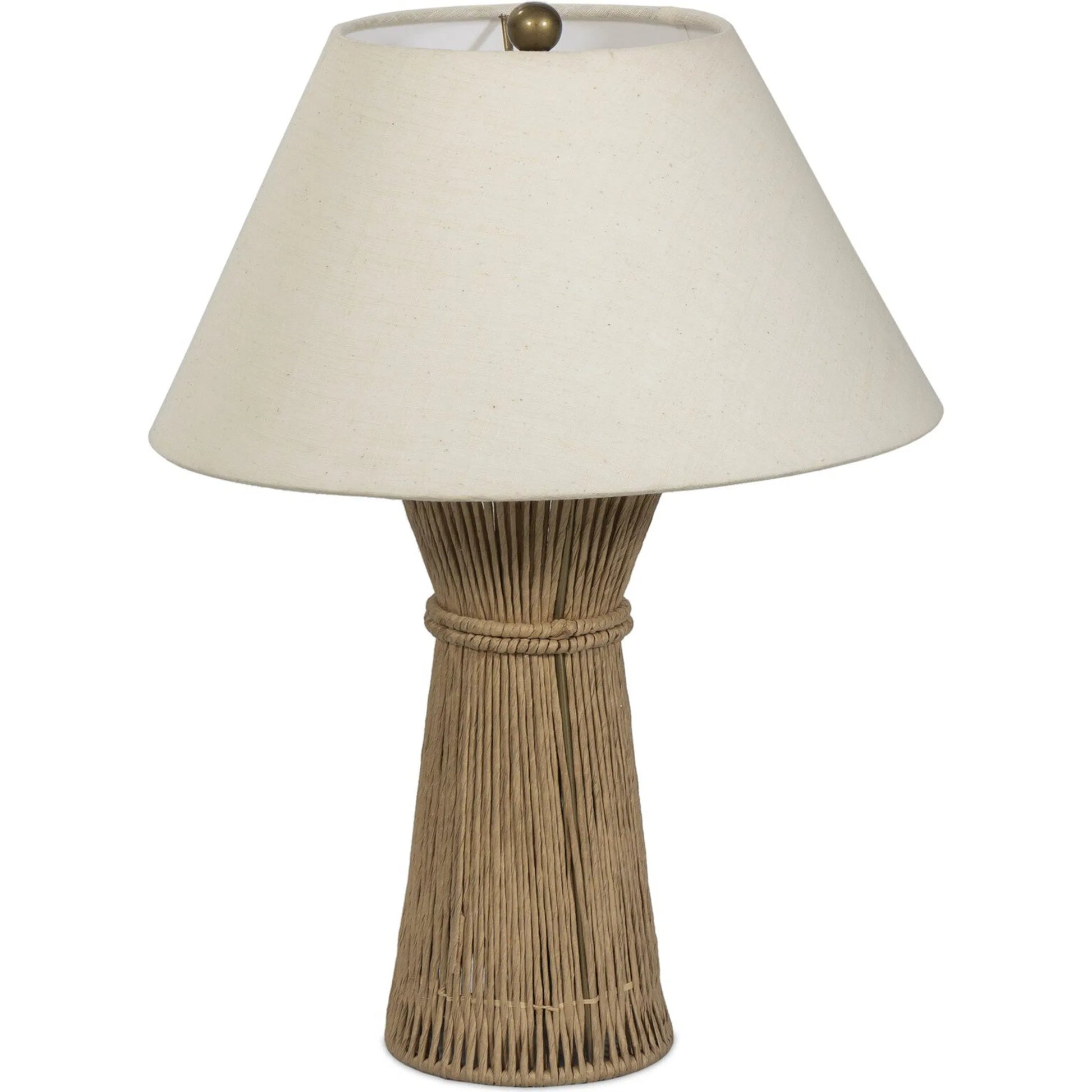 Nessa Table Lamp by Four Hands in antique brass iron, natural paper cord. Made from iron, rush in a rustic style.