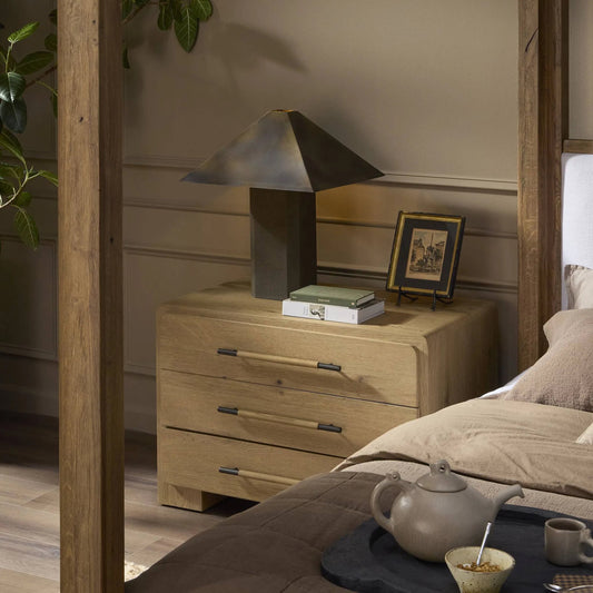 Kenric Table Lamp by Four Hands in forest green canvas, burnished brass iron, black fabric cord. Made from 100% cotton, iron, thermoplastic in a unique style.