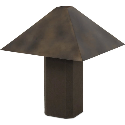Kenric Table Lamp by Four Hands in forest green canvas, burnished brass iron, black fabric cord. Made from 100% cotton, iron, thermoplastic in a unique style.