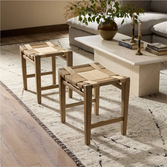 Norma Accent Stool by Four Hands in natural paper cord, drifted oak. Made from rush, solid oak in a unique style.