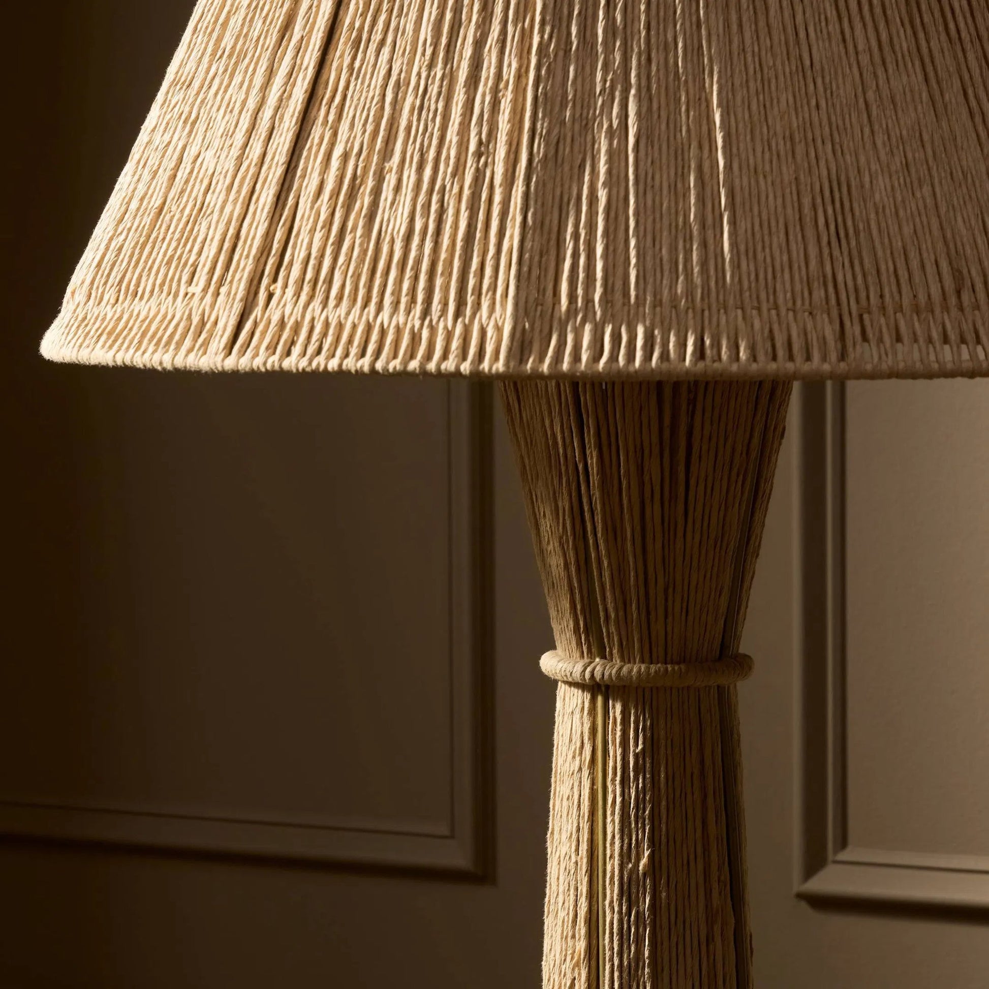 Nessa Floor Lamp by Four Hands in antique brass iron, natural paper cord. Made from iron, rush in a rustic style.