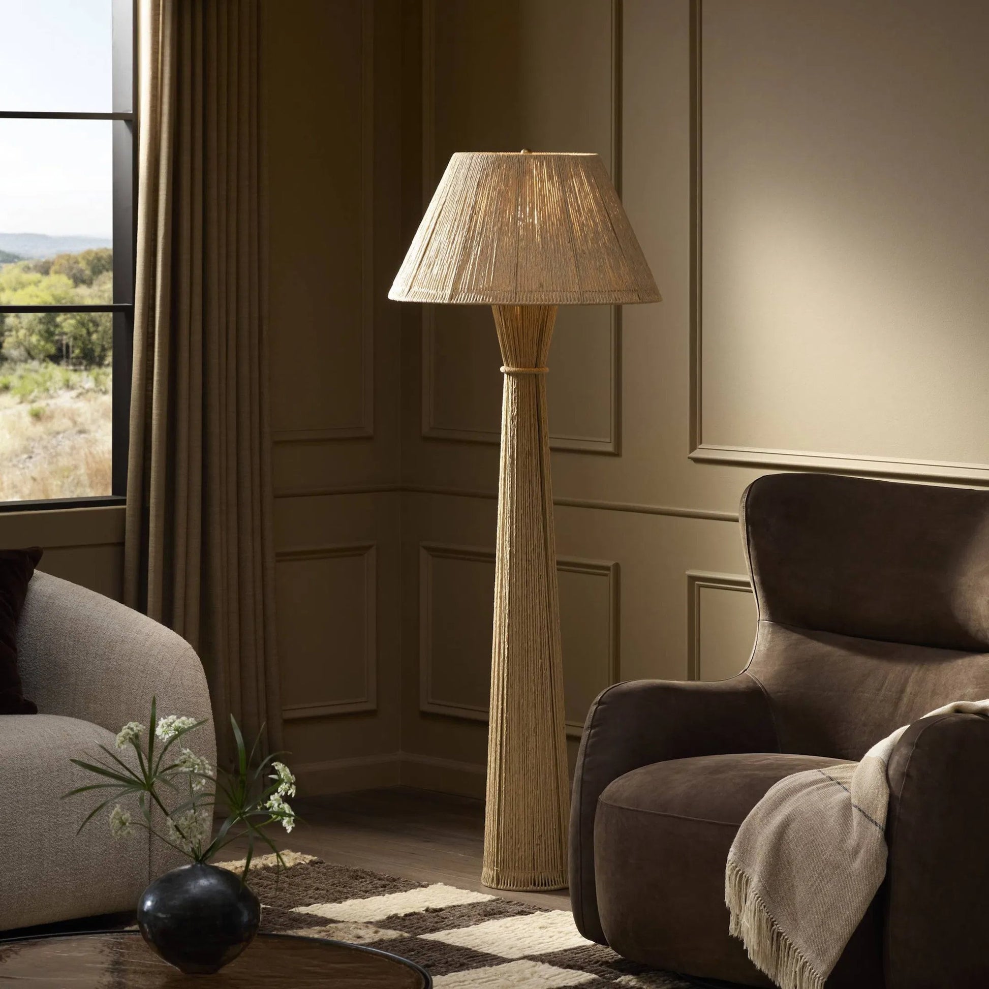 Nessa Floor Lamp by Four Hands in antique brass iron, natural paper cord. Made from iron, rush in a rustic style.