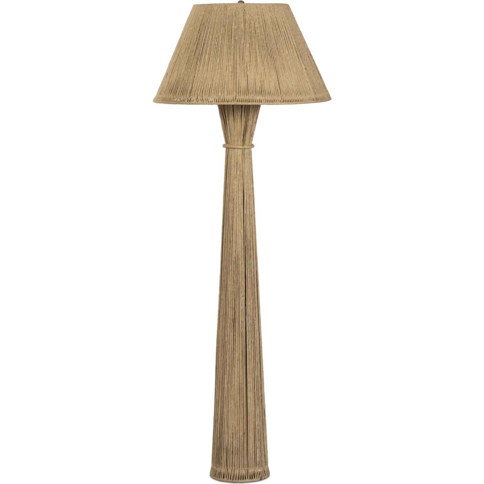 Nessa Floor Lamp by Four Hands in antique brass iron, natural paper cord. Made from iron, rush in a rustic style.